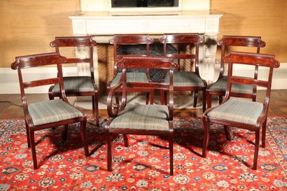 null Suite of six chairs and an armchair in mahogany and mahogany veneer, banded...