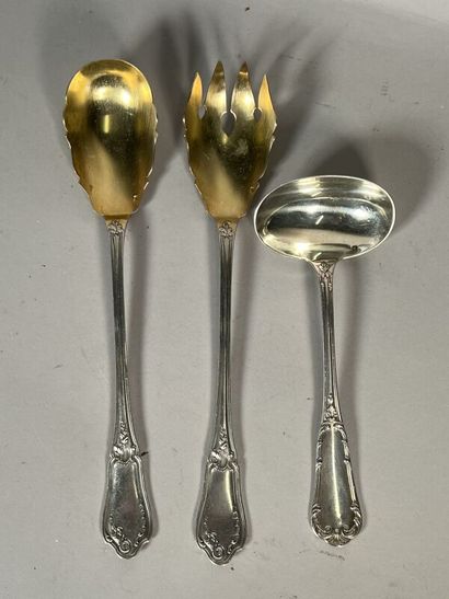 null Silver salad servers in the Louis XV style, and a silver ladle of a similar...