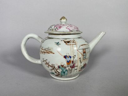null CHINA 
Porcelain teapot with polychrome enamel decoration of scenes of daily...