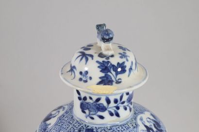 null CHINE, Canton - XIXe 
Vase couvert en porcelaine décorée en bleu sous couverte...
