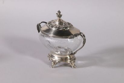 null Silver and engraved crystal sugar bowl of oval form with two handles, the body...