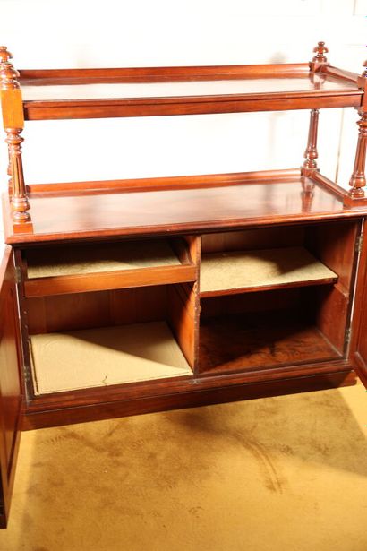 null Mahogany and mahogany veneer sideboard, the upper part with a shelf and fluted...