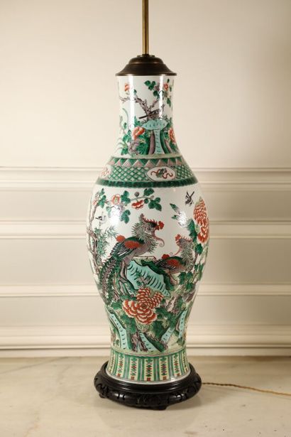 null CHINA 
Green family porcelain baluster vase with branching birds, wooden base...