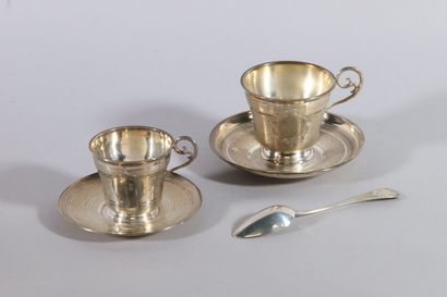 null Lunch including cup, saucer and spoon in silver, guilloche decoration and medallion....