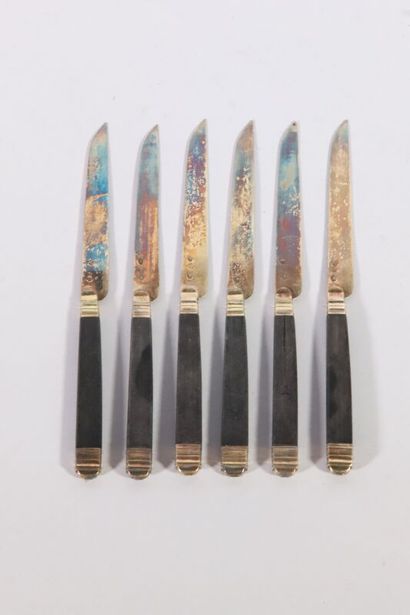 null Six fruit knives, vermeil blade and ebony handle monogrammed in a vermeil shield,...