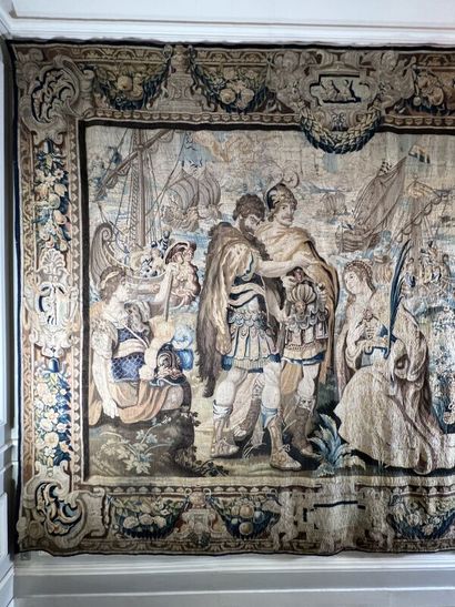 null Large et belle tapisserie fine représentant la rencontre d'Alexandre le Grand...