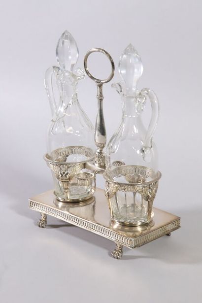 null Oil cruet in silver of rectangular form, the holders decorated with victories,...