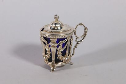 null Mustard pot in silver stylized with garlands, ribbons and pilasters, in the...