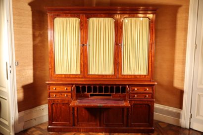 null Mahogany and mahogany veneer bookcase desk, the upper part opening with three...
