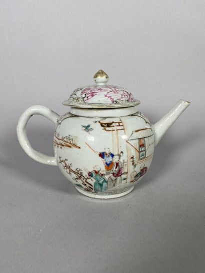 null CHINA 
Porcelain teapot with polychrome enamel decoration of scenes of daily...