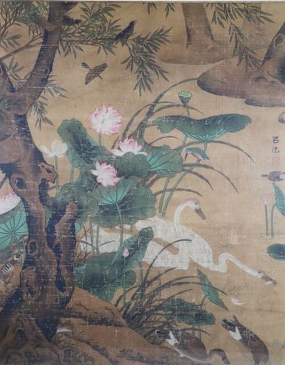 null CHINE - XIXe 
D'après Lü Ji (ca.1475-1503) : couple de cygnes dans une mare...