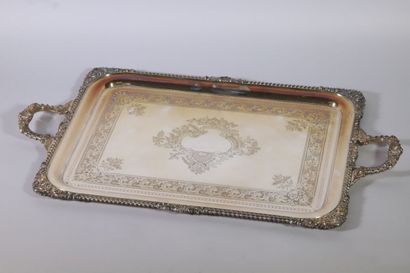 null Silver plated tray of rectangular form with two handles, with rocaille decoration...