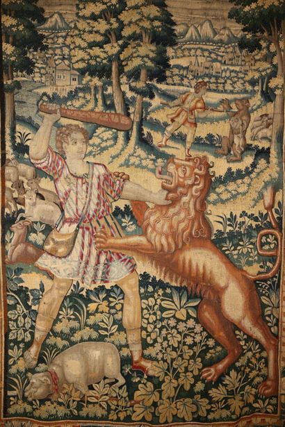null Rare tapisserie fine représentant Hercule terrassant le Lion de Némée dans un...