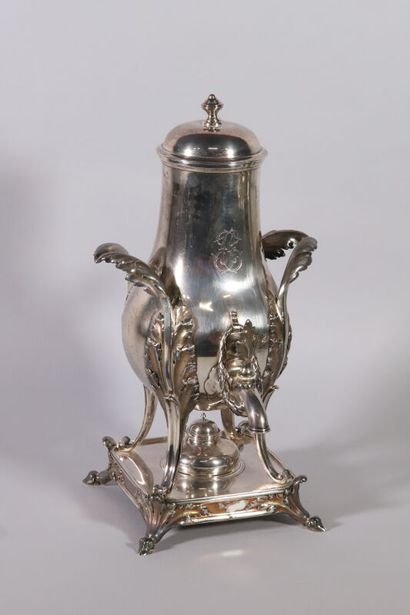 null Hot water fountain called "samovar" in silver, the plain baluster body monogrammed...