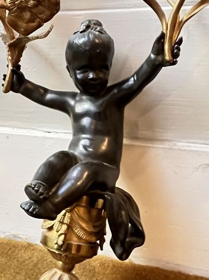 null Pair of sconces in matte and gilt bronze, children supporting two arms of lights.
XIXth
H....