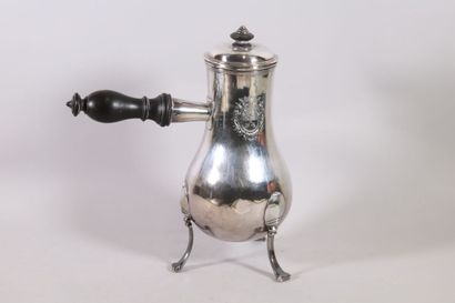 null Large silver coffee pot of baluster form, plain body engraved with coat of arms...