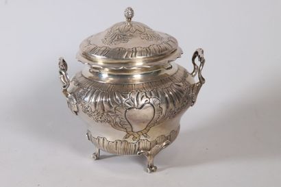 null Covered silver sugar bowl, the round body of baluster form, with decoration...
