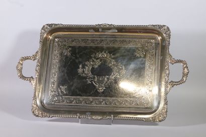 null Silver plated tray of rectangular form with two handles, with rocaille decoration...