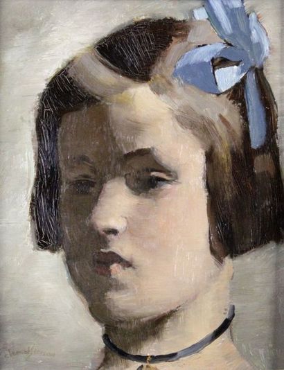 null CLÉMENT-SERVEAU – 1886-1972 PORTRAIT DE FILLETTE AU NŒUD BLEU Huile sur panneau...