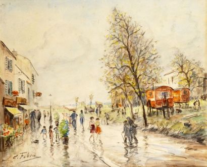 null Édouard FEBVRE – 1885-1967 MONTMARTRE, LE MAQUIS SOUS LA PLUIE Aquarelle et...