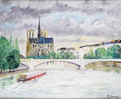 null René JAMES – né en 1935 PARIS, LA SEINE ET NOTRE-DAME DE PARIS Huile sur toile...