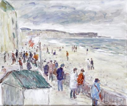 null Jean-Jacques RENÉ – né en 1943 PLAGE ANIMÉE À VEULES LES ROSES Huile sur toile...