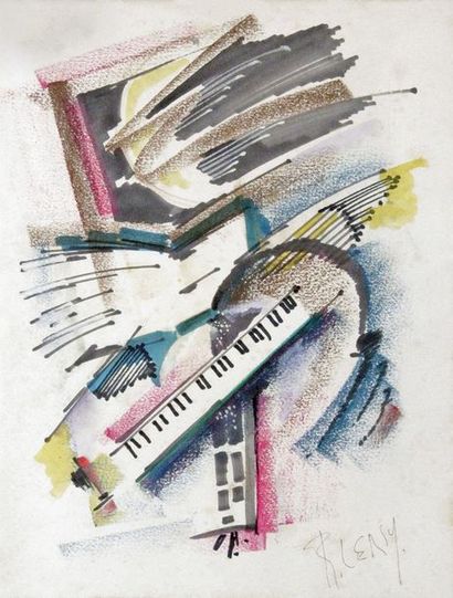 null Roger LERSY – 1920-2004 COMPOSITION AUX INSTRUMENTS DE MUSIQUE Feutre, pastel...