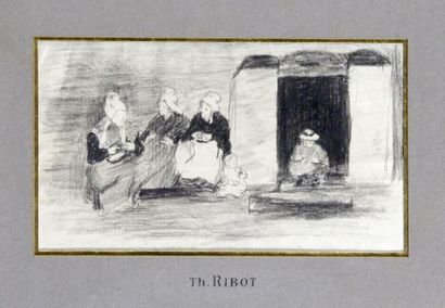 null Théodule RIBOT – 1823-1891 - BRETONNES COUSANT Fusain. 11,5 x 20 - TROIS PÉNITENTS...