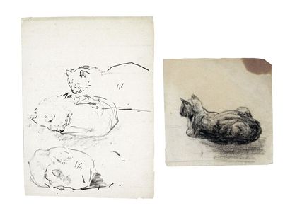 null Théodule RIBOT – 1823-1891 DEUX ÉTUDES DE CHATS Fusain (13 x 13) et encre de...