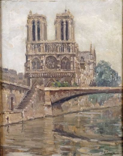 null Jules RIBEAUCOURT – 1866-1932 PARIS, NOTRE-DAME Huile sur panneau signée en...
