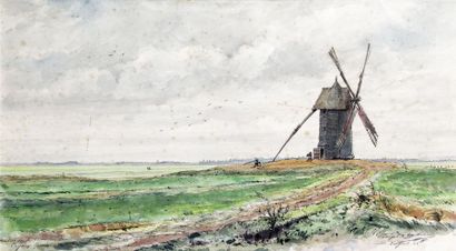 null Eugène de LA […] MOULIN DE LA PERCHE DU CURÉ À CAYEUX SUR MER, 1906 Aquarelle...