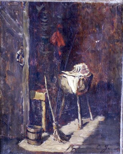 null Charles JACQUES – 1879-1959 LE CELLIER Huile sur papier marouflé sur toile signée...