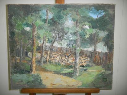 null Daniel ROUVIERE (1930-2016) Chemin en forêt Huile sur toile Signé en bas à gauche...