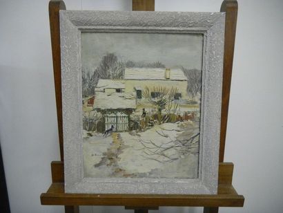 null Daniel ROUVIERE (1930-2016) Chiens de bergers, maison sous la neige Huile sur...