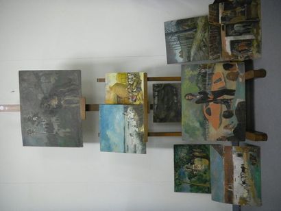 null Daniel ROUVIERE (1930-2016) Ensemble de huit huiles sur carton et panneaux Elegante...