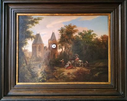 null TABLEAU HORLOGE à décor d'une huile sur toile "Scène animée près d'une église"....