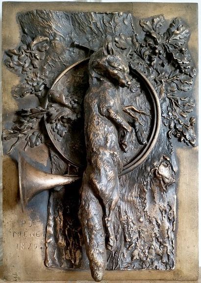 null Pierre-Jules MÈNE (1810-1870) Trophée au renard Plaque en bas-relief en bronze...
