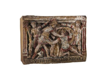 null CUVE funeraire Etrusque en terre cuite polychrome a décor en reflief du duel...