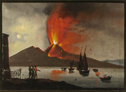 null Ecole Napolitaine du XIXe siècle Eruption du Vésuve Gouache sur papier 18,5...