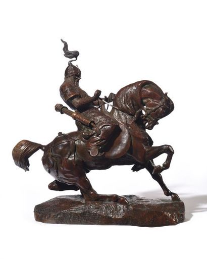 null Guerrier Tartare arrêtant son cheval Épreuve en bronze patiné, signée et porte...