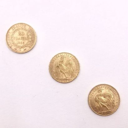 null TROIS PIECES en or jaune de 20 Francs, une au Genie de la République datant...