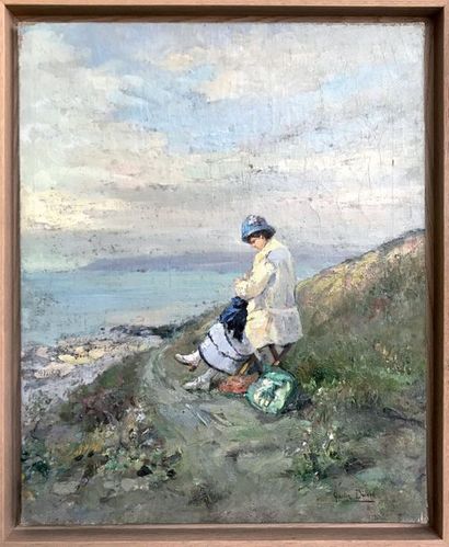 null GASTON DUREL (1879-1954) Sans titre (Femme assise devant la mer) Huile sur toile...