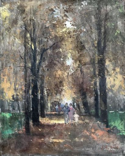 null FRANCOIS GALL (1912-1987) Allée animée en forêt de Fontainebleau Huile sur toile...