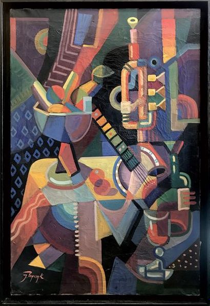 null JOZEF POPCZYK (1890-1971) Composition cubiste Huile sur toile Signée en bas...