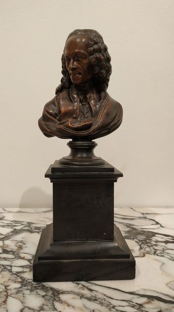 null ECOLE FRANCAISE du XIXème siècle Buste de Voltaire Bronze à patine médaille...