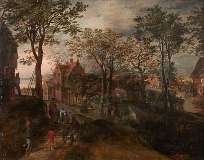null Attribué à Adriaen van STALBEMT (1580-1662) La cueillette de pommes à l'entrée...