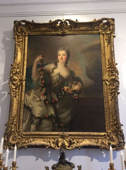 null Marianne LOIR (active à Paris de 1754 à 1769) Jeune dame à la guirlande de fleurs...