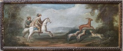 null ECOLE FRANCAISE du XVIIIème siècle Scène de chasse à cour Huile sur toile 36...