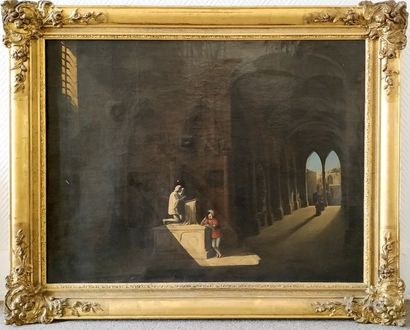 null ECOLE LYONNAISE vers 1830 Scène de recueillement dans une église Huile sur toile...