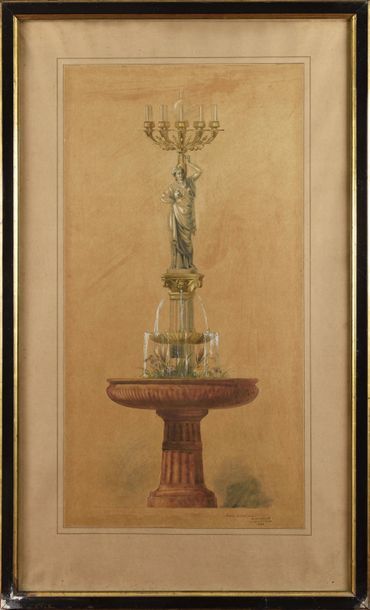 null Charles CHRISTOFLE (1805-1863) Projet de fontaine Aquarelle réhaussée Tampon...